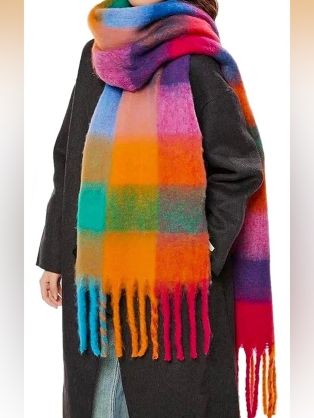 Multicolor Fringed Color Block Plaid Scarf